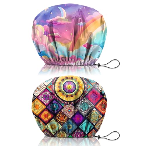 2 PCS Shower Cap Reusable Waterproof Double Layers Hair Caps Shower Bath Adjustable Elastic Hat for Women Girls Cute Aesthetic-Pink Cloud Mandela - color: AI17-Pink Cloud Mandela