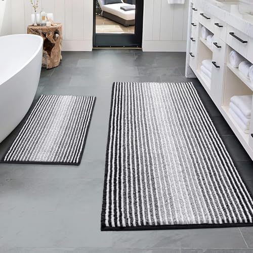 BSICPRO Bathroom Rugs and Mats Sets, 2 Piece Thick Absorbent Chenille Bath Mat Rug Set Non Slip, Soft Shaggy Bath Room Floor Mats for Bathroom, Machine Washable (20" x 47" Plus 16" x 24", Black) - color: Black, size: 20" x 47" Plus 16" x 24"