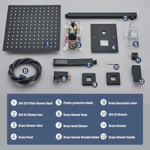 Shower Faucet Matte Black Shower System with 12 Inches Rain Shower Head and Handheld Spray Bathroom Luxury Rain Shower Faucet Set Complete Wall Mounted - color: Matte Black, size: Matte Black-12