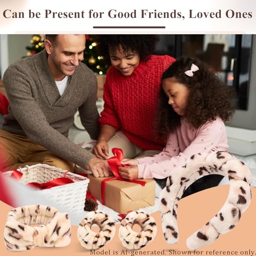Headband for Washing Face Wristband Set, Leopard | Soft absorbent fabric, snug head-hugging fit for face washing, skincare, makeup, masks, travel, women and teen girls - color: Brown leopard print