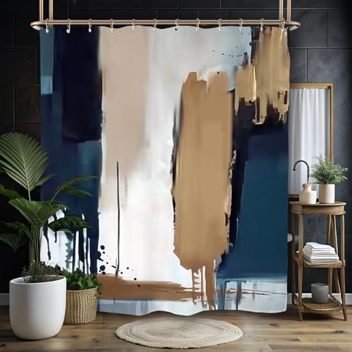 Miyotaa Abstract Blue Tan Modern Shower Curtain Set 60Wx71H Inches Contemporary Minimalist Neutral Brush Stroke Painting Art Waterproof Bathroom Curtain with 12 Hooks - color: Blue Tan Brushstroke, size: 60"W x 71"L (Pack of 1)