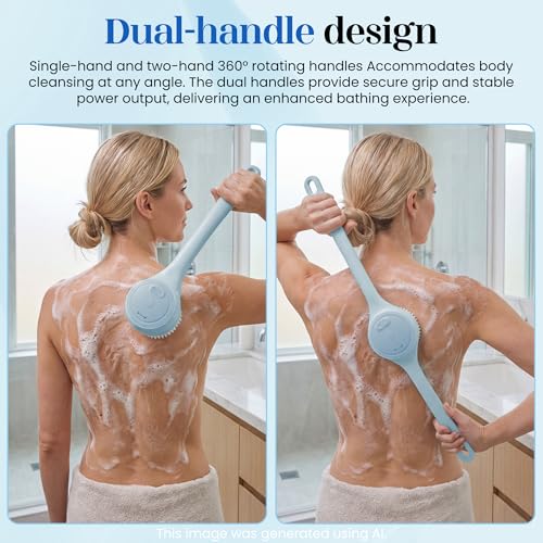 Electric Body Brush Back Scrubber for Shower，5 Replaceable Heads and Hook,Waterproof Long Dual Handle Power Body Scrubber 2 Speeds, for Cleansing Body, Exfoliating and Massaging Skin. - color: Sky Blue