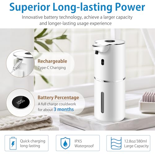 Automatic Liquid Soap Dispenser 12.8oz, Rechargeable & 6 Levels Soap Adjustable with Digital Display, Wall Mount, Waterproof, Touchless Hand/Dish Soap Dispenser for Kitchen, Bathroom, Hotel - color: White