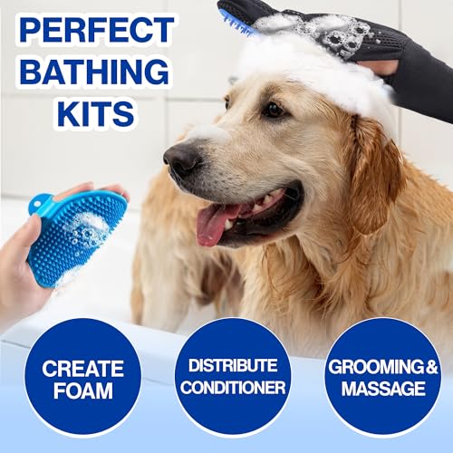 Pet Grooming Set with Dog Washing Gloves for Bathing, Dog Bath Brush and Silicone Dog Toothbrush, Pet Grooming Gloves for Dogs, Cats and Horses with 185 Silicone Tips