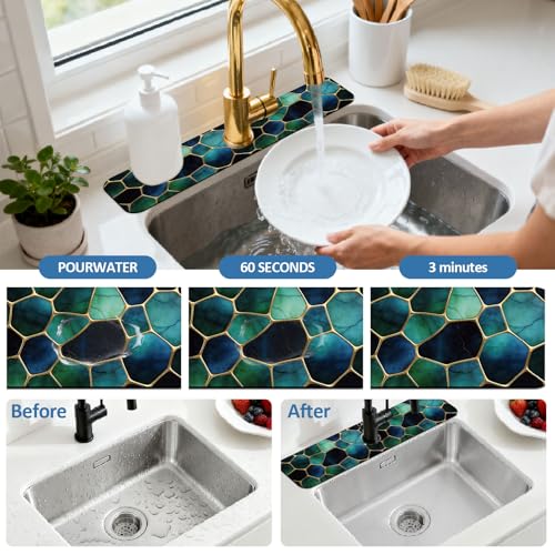 2 Pcs Kitchen Sink Splash Guard Faucet Mat Blue Gold Stones Pattern Faucet Mat for Sinks Absorbing Drying Mats for Kitchen Bathroom - color: Blue Gold Stones