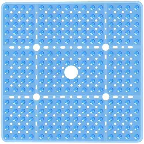 Large Square Shower Mat 27 x 27 Inch Clear Blue, Non Slip Shower Bathtub Mats for Inside Shower with Big Suction Cups Drain Holes, Anti Slip Bathroom Floor Stall Mats, Easy Clean, BPA-Free - color: Clear Blue