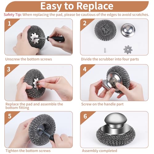 5Pcs Steel Wool Scrubber with Replacement Wire Sponge Pads Set, Stainless Steel Scrubber with Handle for Scouring Stubborn Messes from Cast Iron, Pots, Pans, Grill, Stoves, Sink(1 Scrubber+4 Pads) - size: 1 Handle+4 Pads