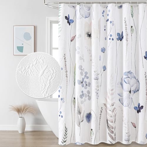 QiyI Watercolor Wildflowers Shower Curtain, Minimalist Grey Poppies Cloth Bath Curtain, Embossed Butterflies Botanical Flower Bathroom Curtain, Waterproof Fabric Shower Curtain Set with Hooks, 72x72 - color: Grey Poppy, size: 72"W x 72"L (Pack of 1)