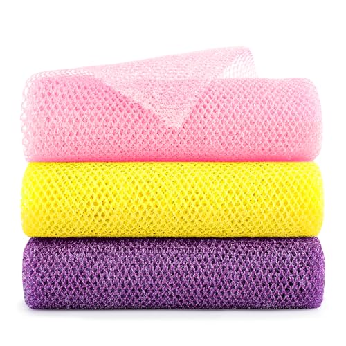 African Net Sponge Extra Long 3 Pieces, Loofah Back Scrubber for Shower, Exfoliating Washcloth & Body Scrubber, 39.37" L x 12.99" W Bath Sponge (Yellow,Pink, Purple) - color: Yellow,pink, Purple