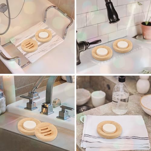 4 Pieces Bamboo Soap Dish Holders - Round Natural Wooden Soap Trays, Rustic Bathroom Accessories, Eco-Friendly Drainable Soap Savers for Sink, Kitchen, Shower