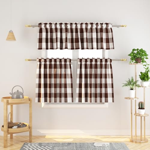 3 Pieces Tier Curtains and Valance Set Buffalo Check Kitchen Tiers Plaid Gingham Rod Pocket Classic Short Small Cafe Curtains Country Farmhouse Cafe Bathroom 54"x18"/27"x36" Brown & White - color: Plaids Brown&white, size: 27"W x 36"L (Pack of 3)