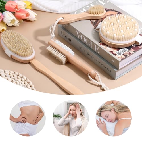 4PCS Dry Brushing Body Brush Set, Bamboo Dry Brush for Body Face Foot, Boar Bristle Long Handle Face Cleansing Shower Scrubber Brushes