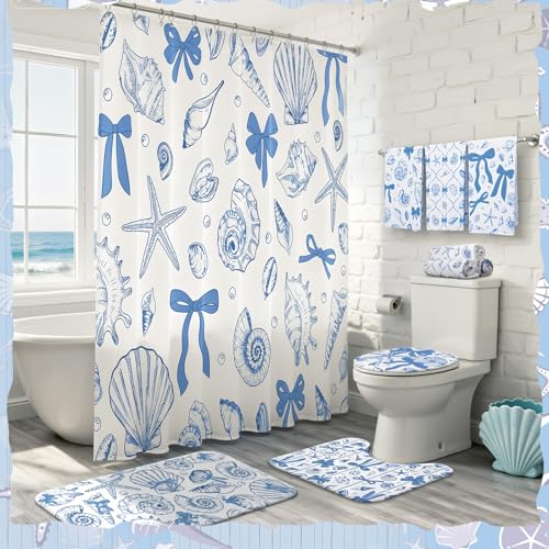 Tatuo 8 Pcs Beach Shower Curtain Set Blue Bow Ocean Bathroom Accessories Sets Coquette Starfish Coastal Waterproof Shower Curtain with Towels Carpet Bath Mat Toilet Rug 12 Hooks for Summer Beach Party - style: Blue Ocean