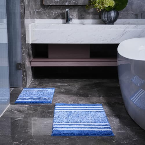 3-Piece Striped Bath Rug Set with U-Shaped Toilet Rug, Non-Slip Rubber Bottom, Soft Absorbent Microfiber, Quick Dry, Ultra Soft, Bath Mats for Tub - Sky Blue - color: Sky Blue