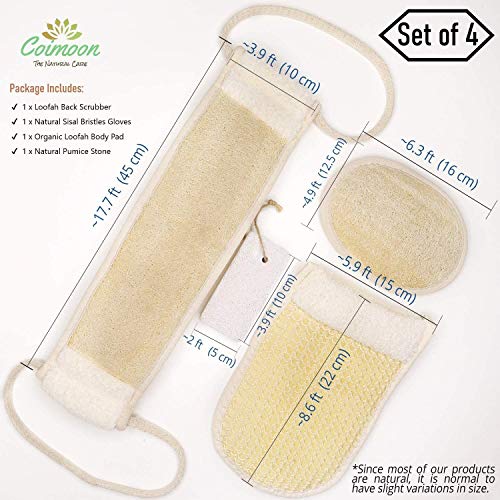Coimoon Set (Made in Europe)- Exfoliating Organic Loofah Face Pads And Shower Sponge with Natural Pumice Stone, Loofa, Puff Sponge Scrubber Body For Men and Women (4 Piece Set, Natural)