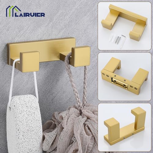 Lairuier Bathroom Hardware Accessories Set, Brushed Gold 4-Piece Bathroom Hardware Set Including Towel Bar,Towel Holder, Toilet Paper Holder, Towel Hook, Stainless Steel Bath Towel Bar Set - color: Brushed Gold, size: Set B
