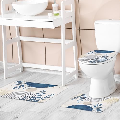 Riyidecor Boho Light Blue 4Pcs Bathroom Shower Curtain Sets Mid Century Minimalist Abstract Modern Bathroom Decor Set with Rugs and Accessories Leaf Toilet Lid Rug, Contour and Bath Mat with 12 Hooks - color: 01light Blue
