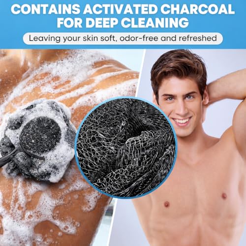 Loofah with Handle & Shower Brush Charcoal 2 Pack- Back Scrubber for Shower for Men & Women, Body Brush Ideal for Exfoliation, Back Loofah for Shower with Bath Brush, Long Handle for Shower Back Brush