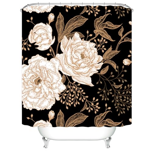 4PCS Rose Gold Flower Leaves Bathroom Set with Shower Curtain and Rugs, Botanical Floral Shower Curtain Sets with Rugs for Bathroom Decor, Durable Black Shower Curtain for Bathroom Set - color: Rose Gold