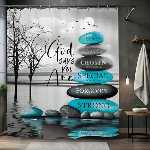 Teal Zen Spa Shower Curtain 60Wx72L Inch Quotes Meditation Inspirational Motivational Bible Positive Bathroom Set Accessories Decor with 12 Pack Hooks - color: Teal Zen, size: 60"W x 72"L (Pack of 1)