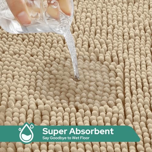HOMEIDEAS 3 Pieces Beige Bathroom Rugs Set, Ultra Soft Non Slip Bath Rug and Absorbent Chenille Bath Mat, Includes U-Shaped Contour Rug, Bath Mat and Toilet Lid Cover, Perfect for Bathroom, Tub - color: Beige, size: 20"x32"+U 20"x24"+Cover 18"x21"