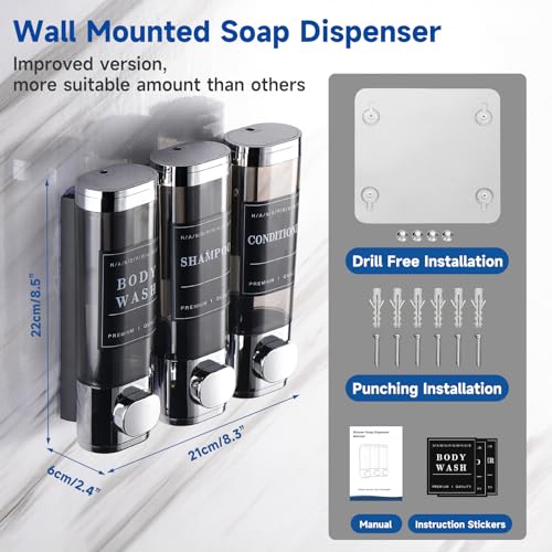Shower Soap Dispenser Wall Mounted No Drill Shampoo Dispenser for Shower Wall Shampoo and Conditioner Dispenser Bathroom Hotel 3 * 300ml Chrome Self - color: Chrome New