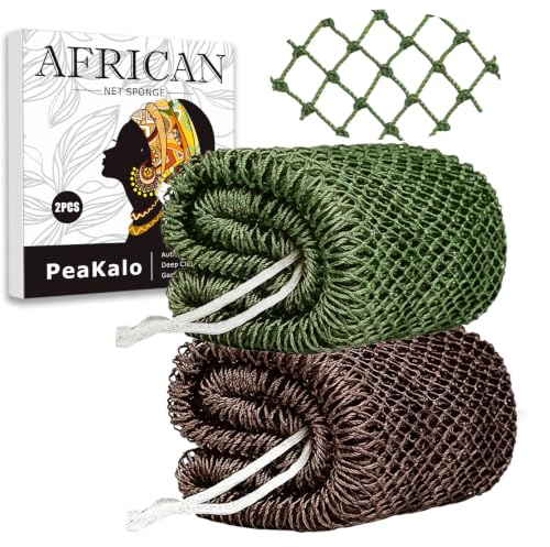 2Pcs African Net Sponge Authentic, Gentle Cleansing African Exfoliating Net Sponge Shower Loofah Sponge for All Skin Types, Back Scrubber for Shower Body Scrubber (Dark Green & Brown) - color: Dark Green & Brown