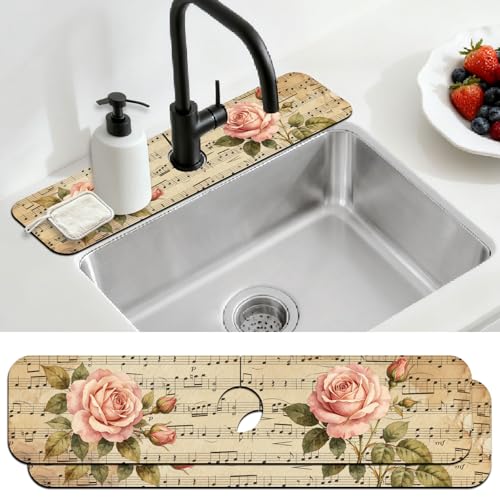 2 Pcs Kitchen Sink Splash Guard Faucet Mat Retro Sheet Music Flowers Pattern Faucet Mat for Sinks Flower Absorbing Drying Mats for Kitchen Bathroom - color: Music Flowers Pattern