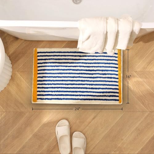 GIB Bathroom Rugs Mat 24" x 16", Extra Soft Absorbent Plush Fluffy Bath Rugs, Non-Slip Washable Bath Mats for Bathroom Floor Shower Home Decor Accessories, Blue & White Striped with Yellow Accents - color: Blue With Yellow, size: 24" X 16"