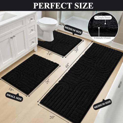 Vaukki Bathroom Rugs Sets 3 Piece, Black Washable Non Slip Soft Bath Mats for Shower and Tub, Plush Absorbent Microfiber Toilet Rug U Shaped, 48x20+26x18+24x20 Inch - color: Black, size: 18''x26''+20''x48''+20''x24''