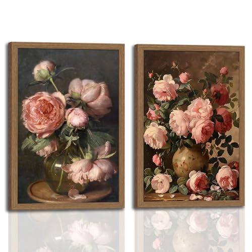 2Pcs Vintage Framed Wall Art Peony Wall Decor Pink Floral Canvas Prints Cottagecore Decor Rustic Farmhouse Pictures Artwork for Walls Living Room Bedroom Bathroom 16"x24" Ready to Hang - color: Vintage Peony, size: 24"L x 16"W