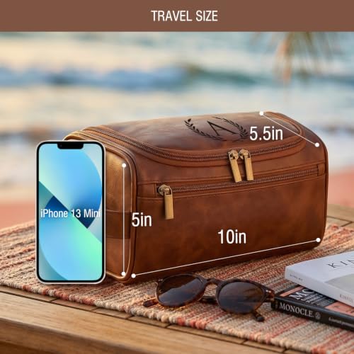 Travel Toiletry Bag Hanging For Mens PU Leather - Yellow Brown (Initial B) | Waterproof Dopp Kit Bag Beach Travel Essentials Bathroom Organizer, Personalized Gifts For Father Husband Groomsmen Birthday - color: Yellow Brown, style: B