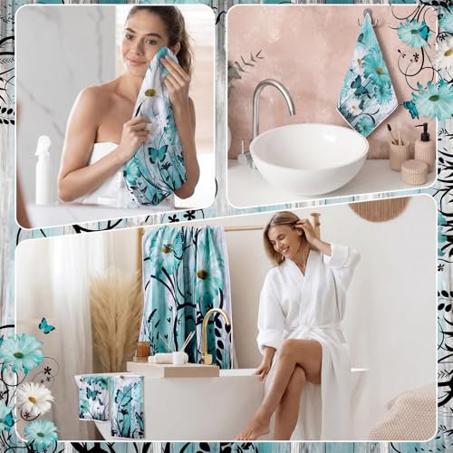 Moukeren Set of 3 Teal Daisy Bath Towels Vintage Floral Themed Bath Towel Hand Towel and Washcloth Soft Turquoise Decorative Towels for Bathroom Kitchen Hotel Gym Spa - style: Teal Daisy