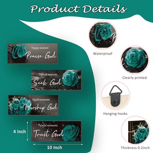 ONIZHITY 4 Pcs Teal Bathroom Decor Religious Wall Art Turquoise Bathroom Bible Verse Inspirational Teal Rose Wall Decor Wooden Christian Sign for Home Office Bedroom Living Room Kitchen(10x4) - color: Teal Rose