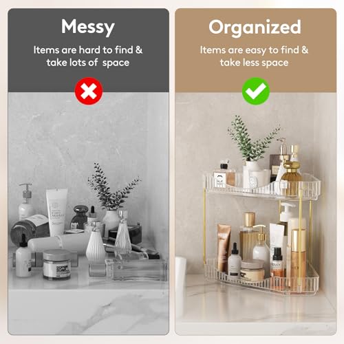 Lifewit 2-Tier Corner Bathroom Counter Organizer, Plastic Makeup Skincare Organizers Storage Countertop, Large Sink Cosmetic Perfume Shelf for Bedroom, Dresser, Kitchen, Vanity, Clear, 25 cm/10inch(H) - color: Clear, size: 2 Tier