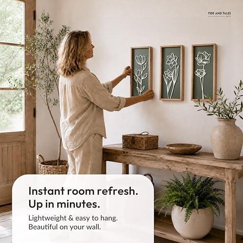3D Floral Green Wall Art (Set of 3) Lightweight, Wooden Ready-to-Hang Boho Framed Wall Art for Bathroom, Master Bedroom, Living Room or Office - Premium Sage Green Farmhouse Decor - Gift-Boxed - color: Botanic Green, size: 7" x 16"