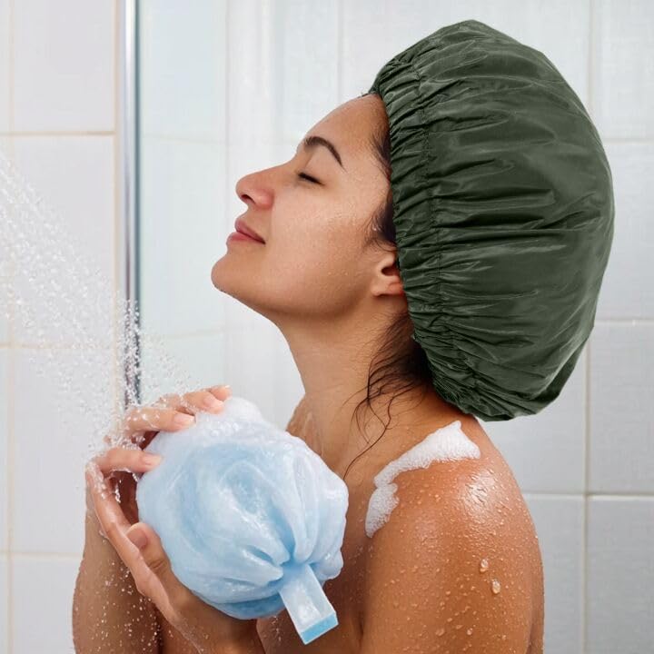 Edoneery Reusable Shower Caps for Women, Waterproof Long Hair Bonnet | Washable Design, Wide Elastic Band, Large Fit, Holds Long Hair, Braids Friendly, Bath Accessories, Spa, Travel - color: Green
