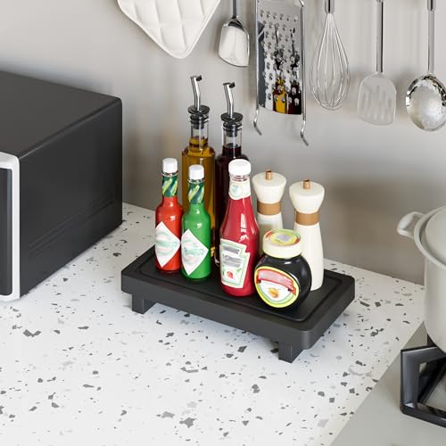 ZGO Small Counter Set of 2, Decorative Vanity Tray for Bathroom & Kitchen, Wooden Soap Holder, Black