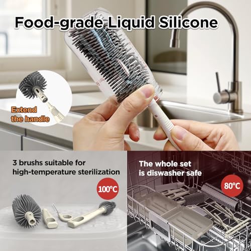 YOTIME Travel Bottle Brush Set, Auto-Open Rack & Vertical Brushs Drying Slots, 3 Brushes, Foldable Drying Rack, Dispenser, Travel Baby Essentials for On-The-Go Parents, Transparent Coffee - color: Transparent Coffee