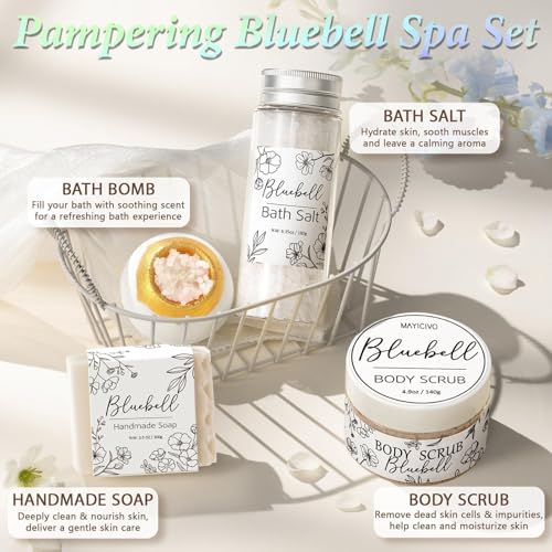 Spa Gifts for Women Bath Gift Set, BlueBell Spa Gift Baskets Home Bath Set Self Care Kit Care Package Thank You Birthday Mothers Day Easter Gifts for Women Her Mom Best Friends Sister Teen Girl Wife - color: White-Bluebell