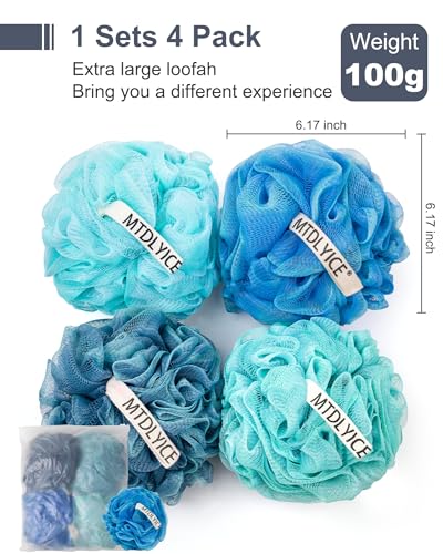 MTDLYICE Loofah Sponge, XXL Large Loofah 100g 4 Pack, Bath Sponge Soft Mesh Shower Loofah for Men, Body Scrub, Shower Pouf Bath Accessories, for Body Wash, Soap (Blue) - style: Blue Green