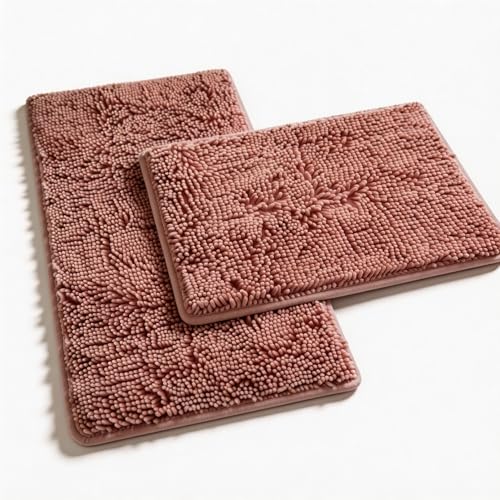 Chenille Bathroom Rugs Set 2 Piece Bath Mats for Bathroom Non-Slip Luxury Batroom Runner Rug Extra Soft and Absorbent Shaggy Rugs Washable Dry Plush - color: Coral Pink, size: 32"L x 20"W + 24"L x 16"W