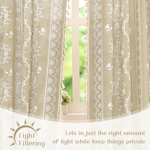 Yinhua Boho Curtains for Living Room 84 Inch Length Vintage Linen Natural Curtains for Bedroom Light Filtering Floral Window Curtain Rod Pocket & Back Tabs Farmhouse Rustic Tassel Drapes with Tiebacks - color: Natural, size: 52"W x 84"L (Pack of 2)