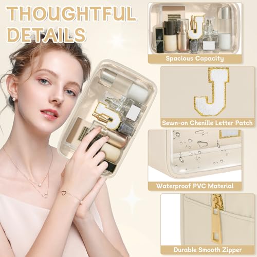 Initial Clear Makeup Bag, Birthday Gift Preppy Chenille Patch Cosmetic Bag, Initial Travel Essentials Beach Toiletry Pouch, Ideal Gift for Teachers & Moms, Women and Girls (Beige, J) - color: Beige, style: J