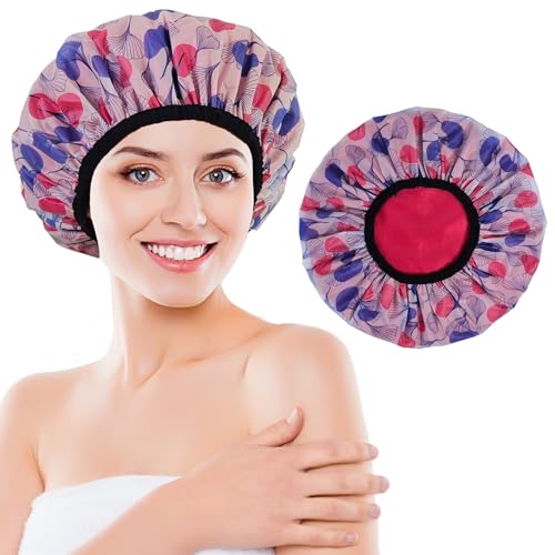 Shower Cap for Women, Shower Caps Reusable Waterproof, Large Plastic Satin Lined Shower Cap for Braids Long Hair - color: Morning glory