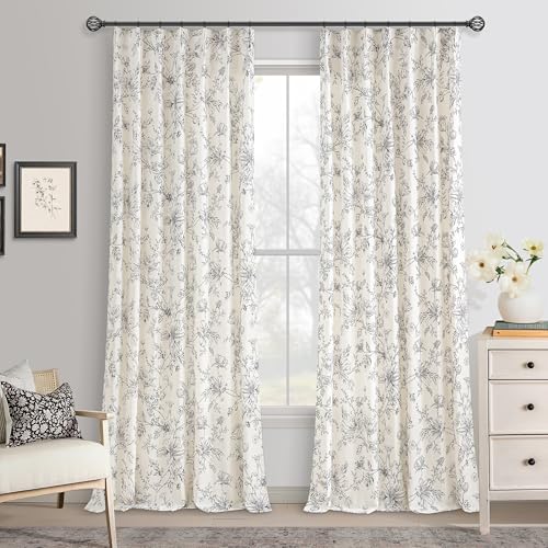 Pleated Linen Floral Curtains 96 Inches Length Farmhouse Bohemian Country Memory Trained Black Sketch Peony Lily Flower Patterned Semi Sheer Curtain Black Vintage Printed Drapes 8 ft 2 Panels - color: Black, size: 40"W x 96"L (Pack of 2)