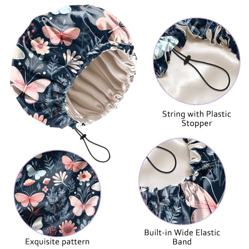 Luxury Shower Cap Silk Satin Lined Waterproof Reusable Adjustable Elastic Dry Hair Bathing Caps Cute for Women Girls-Butterfly Flower - color: C--4-Butterfly Flower