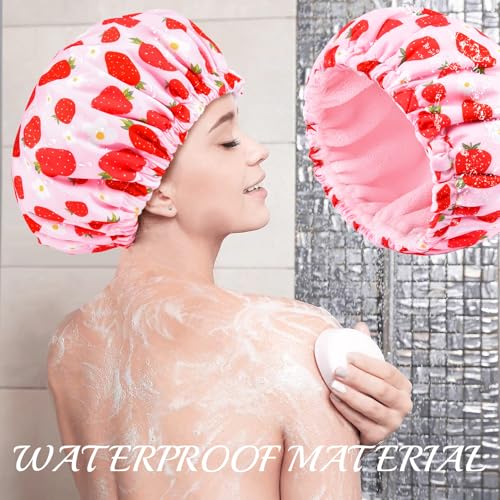 Shower Cap for Women Terry Lined Bath Cap Large Reusable Waterproof Elastic Band Pink Strawberry Shower Caps for Long Thick Hair Soft Bath Shower Hair Caps - color: Pink Strawberry Flowers