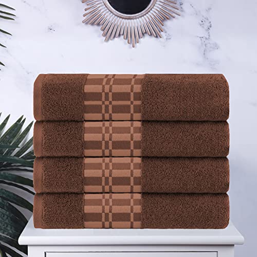 Superior 4-Piece Cotton Bath Towel Set, Geometric Design, Dobby Border, Body Towel for Bathroom, Guest Bath, Spa, Resort, Hotel, Airbnb, Home Essentials, Adult, Kids, Larissa Collection, Chocolate - color: Chocolate, size: Bath Towel Set (4-pack)