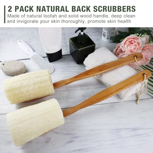 2 Pack Natural Exfoliating Loofah Luffa Loofa Bath Brush On a Stick, Shower Sponge Back Scrubber with Long Wooden Handle for Men & Women, Deep Clean and Invigorate Your Skin Back Brush - style: Loofah Back Brushes